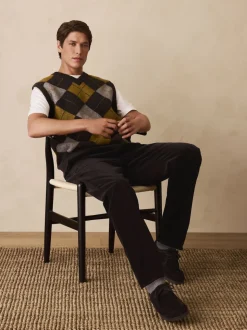 Gris anthracite/jaune ocre - Débardeur décontracté à col en V en maille Argyle avec laine