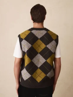 Gris anthracite/jaune ocre - Débardeur décontracté à col en V en maille Argyle avec laine