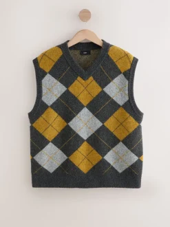 Gris anthracite/jaune ocre - Débardeur décontracté à col en V en maille Argyle avec laine