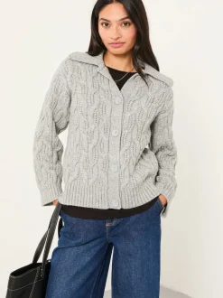 Gris clair - Cardigan FatFace en maille à col