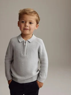 Gris clair - Manches longues Quarter Zip Knitted Polos (3mths-7yrs)