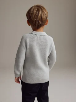Gris clair - Manches longues Quarter Zip Knitted Polos (3mths-7yrs)