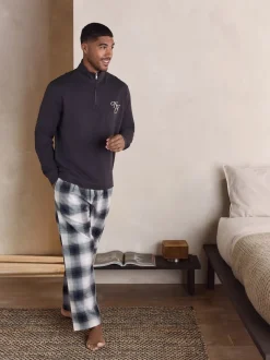 Gris d'ardoise - Ensemble pyjama à manches longues brodé à col zippé