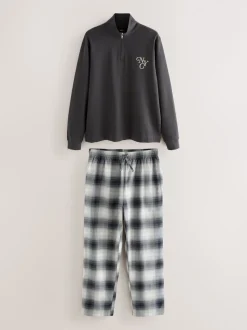 Gris d'ardoise - Ensemble pyjama à manches longues brodé à col zippé