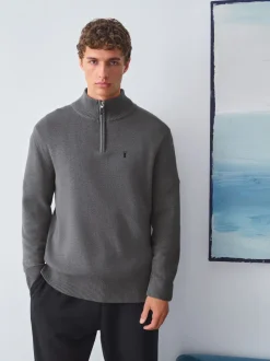 Gris de charbon de bois - Logo cerf - Pull N.Premium Coupe classique 100% Coton Premium à fermeture éclair