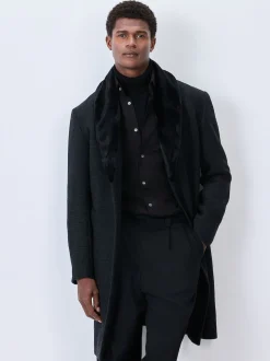 Gris de charbon de bois - Manteau Epsom à carreaux riches en laine avec revers bordé de fourrure