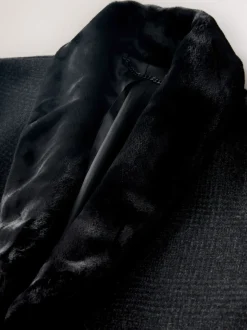 Gris de charbon de bois - Manteau Epsom à carreaux riches en laine avec revers bordé de fourrure