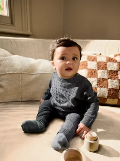 Gris de charbon de bois - Ensemble bébé pull et legging en tricot texturé 100 % coton (0mois -3ans)