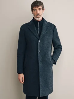 Gris de charbon de bois - Signature Manteau en laine richement rembourré en tissu italien doux au toucher Col cheminée Coat