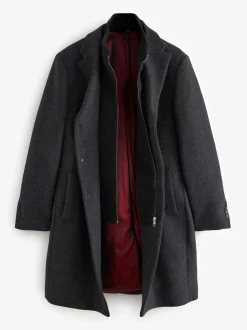 Gris de charbon de bois - Signature Manteau en laine richement rembourré en tissu italien doux au toucher Col cheminée Coat