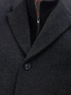 Gris de charbon de bois - Signature Manteau en laine richement rembourré en tissu italien doux au toucher Col cheminée Coat