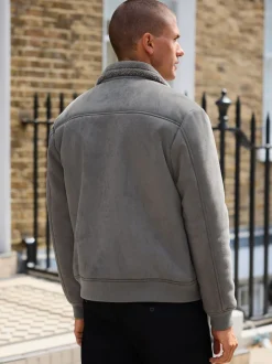 Gris de charbon de bois - Veste imitation daim doublure aspect peau de mouton