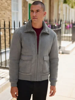 Gris de charbon de bois - Veste imitation daim doublure aspect peau de mouton