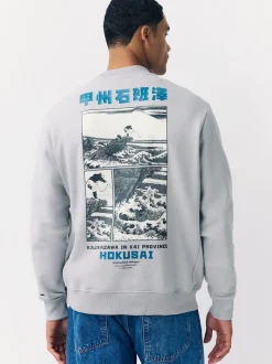 Gris glace - Sweat-shirt avec col ras du cou - Licence graphique Hokusai