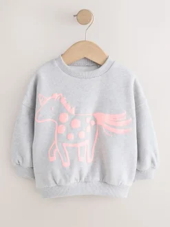 Gris motif licorne - Sweat à col ras du cou (3mths-7yrs)