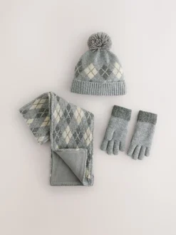 Gris/blanc à losanges - Ensemble chapeau, écharpe et gants 3 pièces (3-16ans)