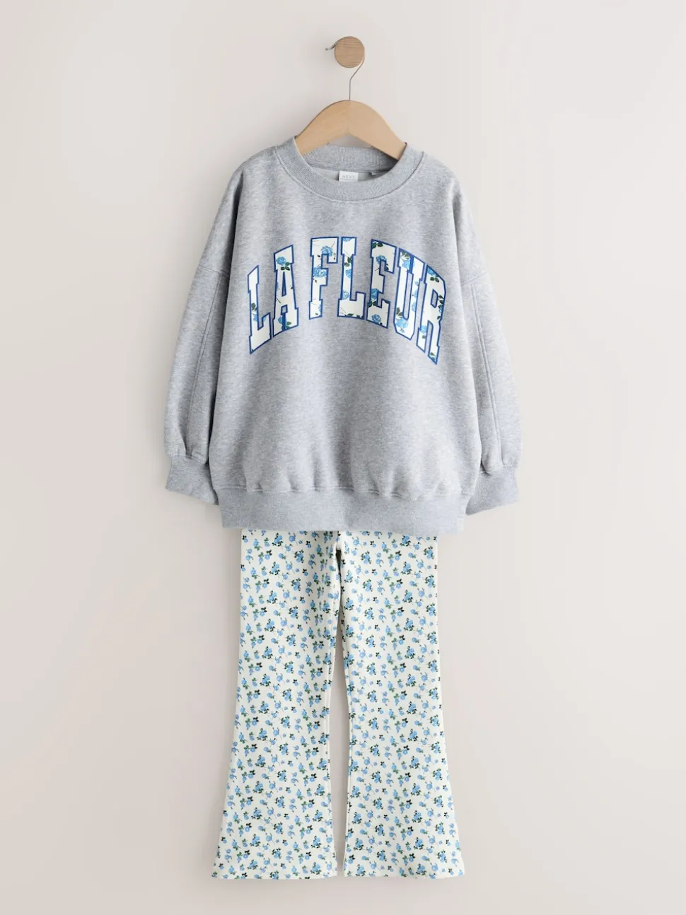 Gris/bleu à slogan fleuri - Ensemble Sweat-shirt et Leggings évasés (3-16ans)