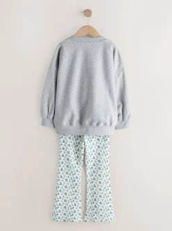 Gris/bleu à slogan fleuri - Ensemble Sweat-shirt et Leggings évasés (3-16ans)