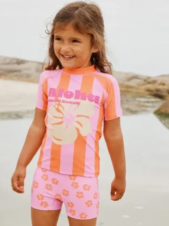 Hibiscus à rayures rose/orange - Ensemble de bain Sunsafe à manches courtes (3mois à10ans)
