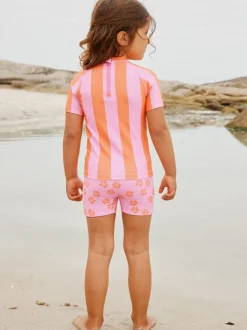Hibiscus à rayures rose/orange - Ensemble de bain Sunsafe à manches courtes (3mois à10ans)