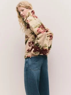 Impression florale rose - Polaire douce en polaire en peau de mouton à col zippé