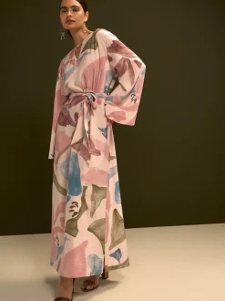 Impression florale rose - Robe longue caftan à col en V 3/4