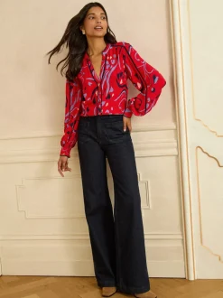 Impression rouge - Chemisier Love & Roses manches longues à col cranté