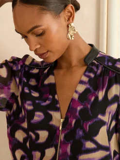 Imprimé animal violet - Chemisier Love & Roses zippé à manches longues sur le devant