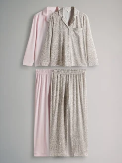 Imprimé animal/rose - The Set lot de 2 pyjamas longs boutonnés en Blend de viscose polyester avec passepoil