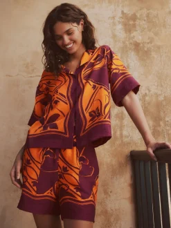 Imprimé bordures exotiques orange/bordeaux - Short de villégiature à taille élastique