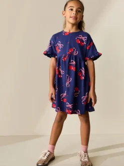 Imprimé cerise bleu marine - Manches courtes Jersey Robe (3-16yrs)