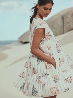 Imprimé coquillages Bleu/Rose - Robe courte à superpositions et col en V en lin