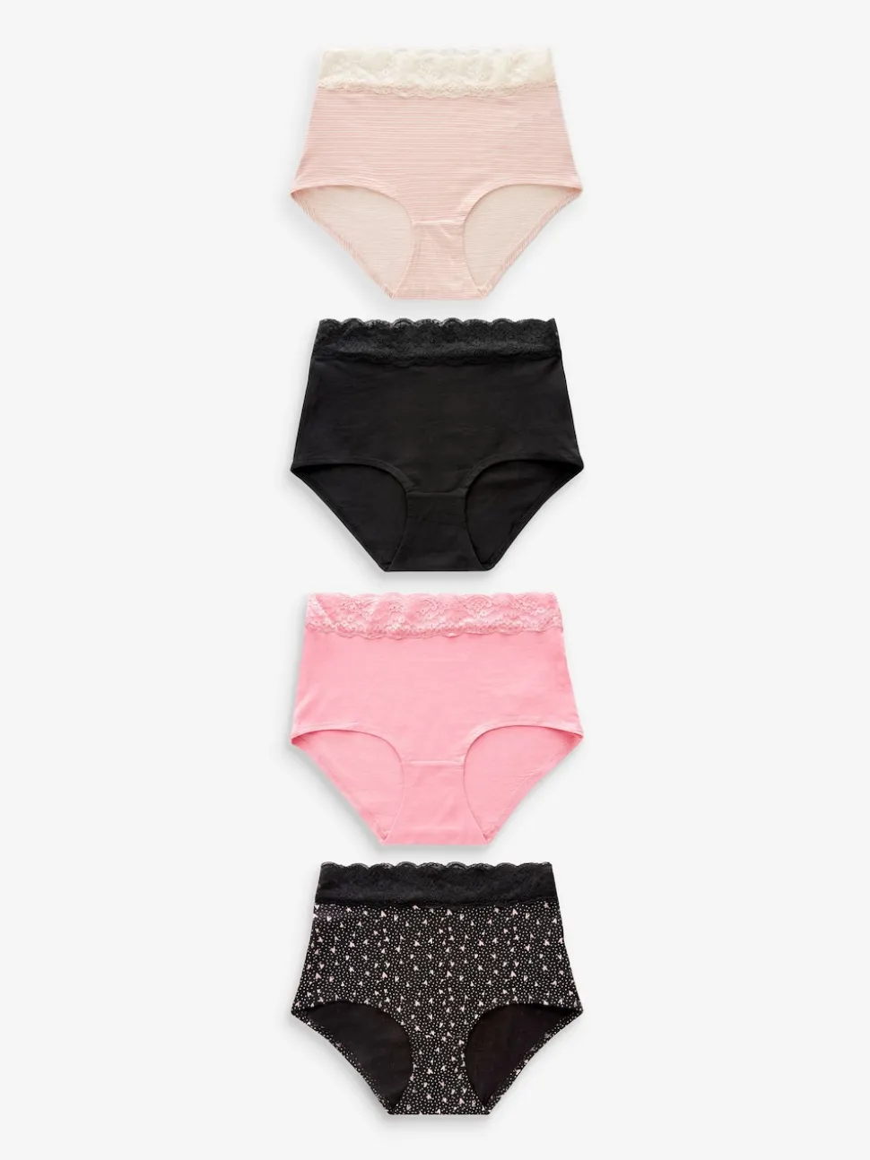 Imprimé cœurs noir/rose - Lot de 4 culottes en coton et dentelle
