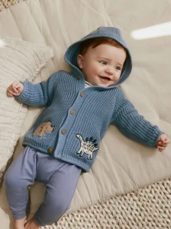 Imprimé dinosaures bleu marine brodé - Cardigan à capuche en maille bébé (0 mois-2 ans)