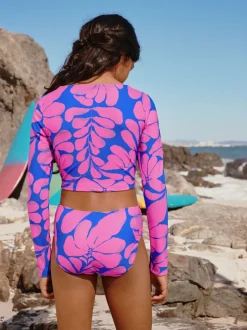 Imprimé fleuri bleu/rose - Bikini à manches longues (3-16 ans)