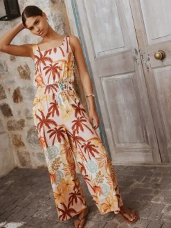 Imprimé fleuri rose - Combinaison en jersey à col carré et jambe large