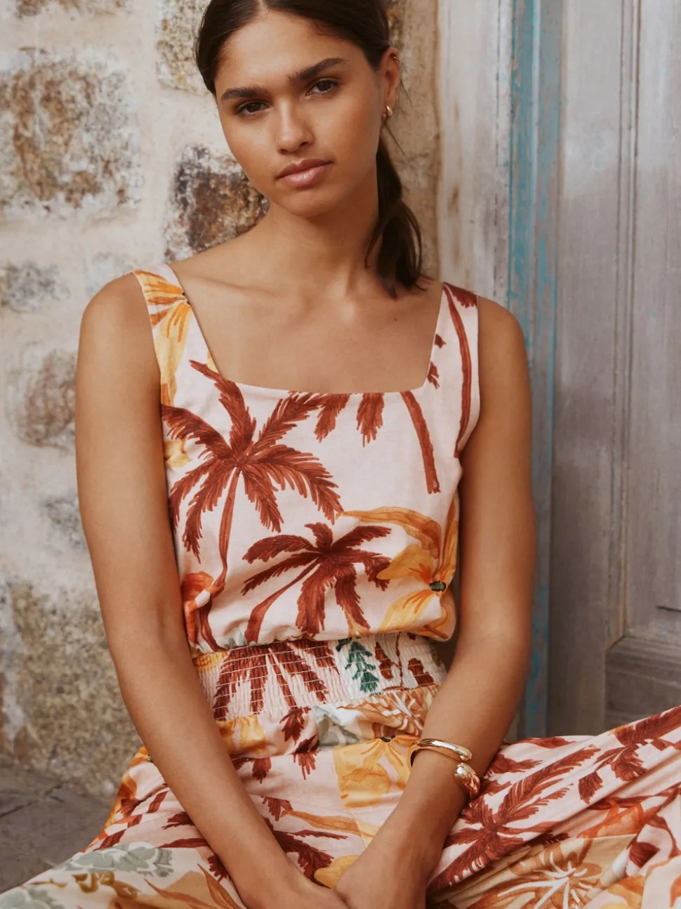 Imprimé fleuri rose - Combinaison en jersey à col carré et jambe large