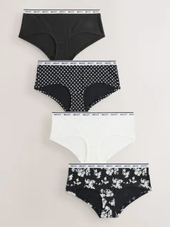 Imprimé floral noir / blanc - Lot de 4 culottes à logo en coton