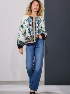 Imprimé frontalières bleu marine - Chemisier décontracté à manches longues avec trou de serrure