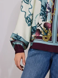 Imprimé frontalières bleu marine - Chemisier décontracté à manches longues avec trou de serrure