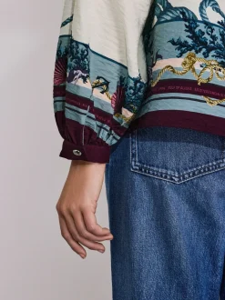 Imprimé frontalières bleu marine - Chemisier décontracté à manches longues avec trou de serrure