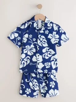 Imprimé hawaïen bleu marine - Ensemble shorts de bain et chemise (3-16ans)