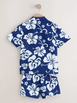 Imprimé hawaïen bleu marine - Ensemble shorts de bain et chemise (3-16ans)