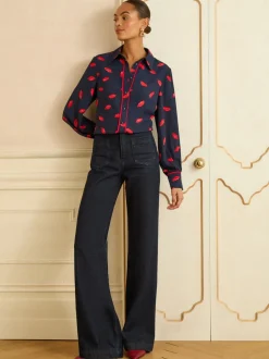 Imprimé lèvres bleu marine - Love & Roses chemise boutonnée à manches longues