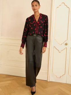 Imprimé lèvres noires - Chemisier Love & Roses manches longues à col cranté