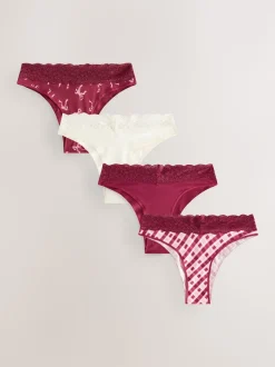 Imprimé nœud baies - Lot de 4 culottes en coton et dentelle