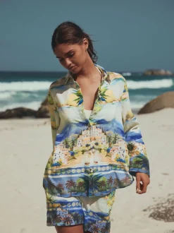 Imprimé scénique multicolore - Chemise décontractée à manches longues avec lin