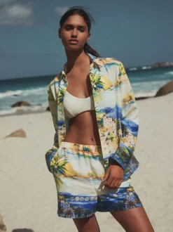 Imprimé scénique multicolore - Chemise décontractée à manches longues avec lin