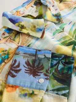 Imprimé scénique multicolore - Chemise décontractée à manches longues avec lin