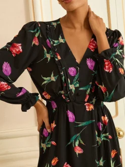 Imprimé tulipes Noir - Love & Roses Robe Courte Col en V